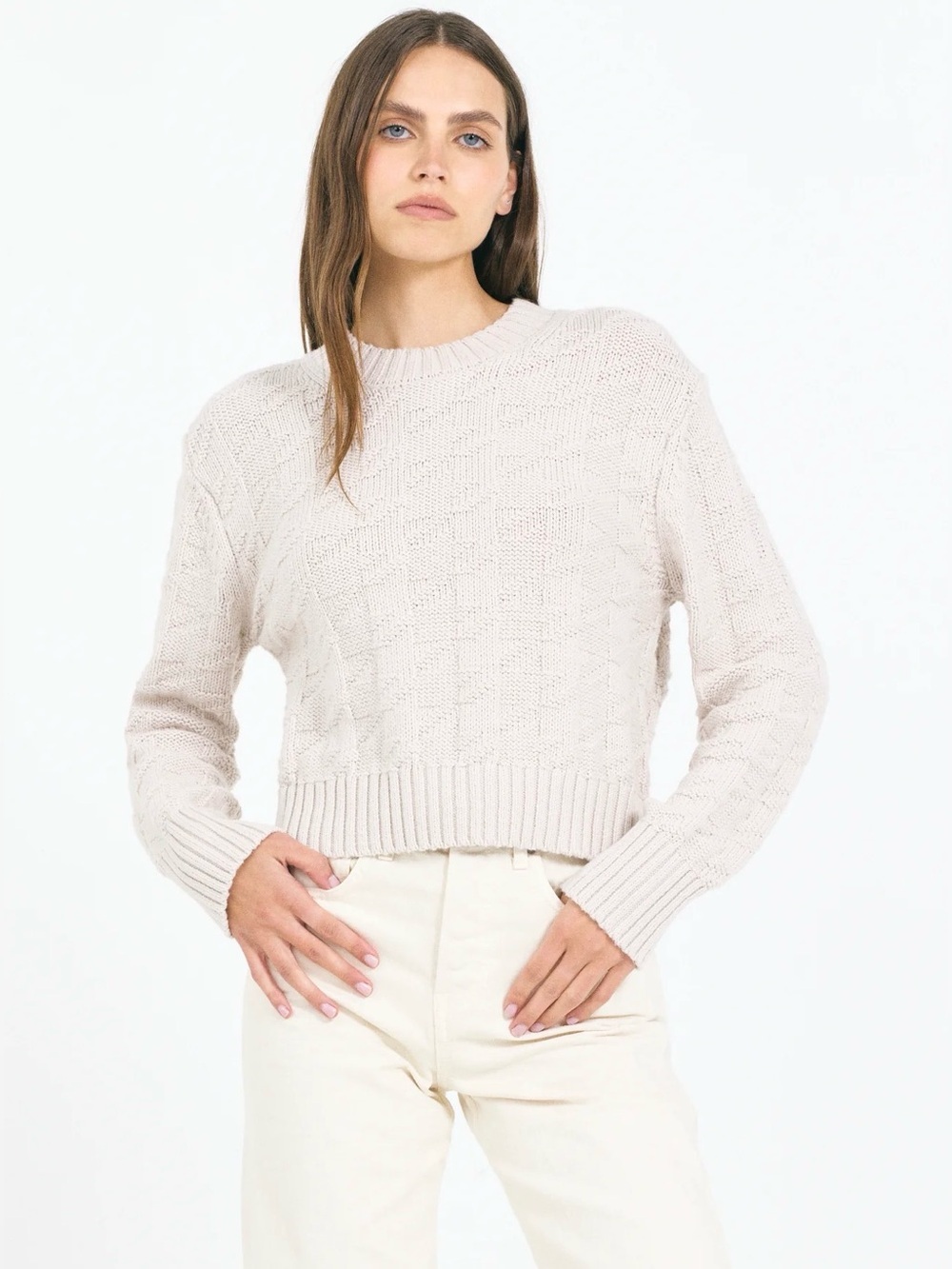One Grey Day OGD Ginger Cream Textured Cotton Sweater Cropped Size Small Luxury